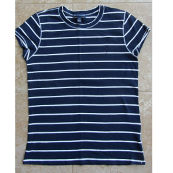 RALPH LAUREN Navy Blue Striped Stretchy 100% Cotton Crewneck Tee - Picture 1 of 5